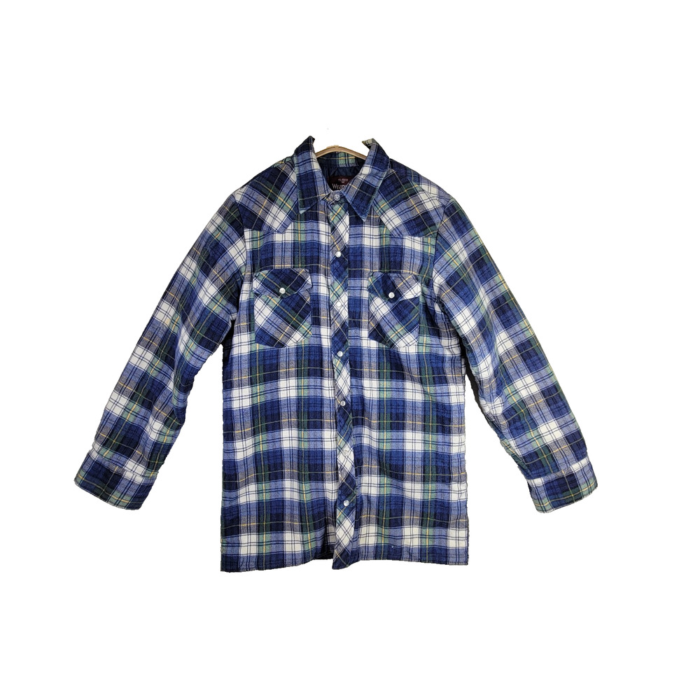 Vintage Wrangler Shacket Mens Medium Green Blue Plaid Flannel Pockets Insulated